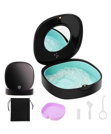 Doboli Retainer Case Retainer Case with Vent Holes and Mirror Compatible with Invisalign Night Guard and Mouth Guard Case with A Storage Bag Slim Aligner Remover Tool Chew & Brush Travel Essentials Black