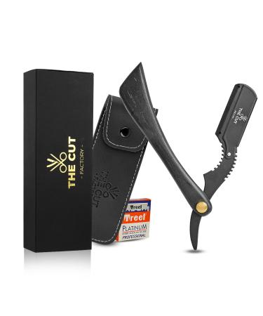 THE CUT-FACTORY- Professional Straight Razor with 100 Premium Treat Single Blade Razor - Barber Razor for Inspired Men Close Shaving 100 Percent Stainless Steel Safety with Natural Wood Scale (Black)
