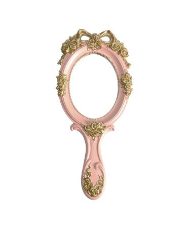 Taywes Vintage Hand Mirror with Handle - Cute Princess Pink Rose Cosmetic Handheld Mirror Decorative for Girls Kids Women - Resin Material Round Oval Handheld Mirror