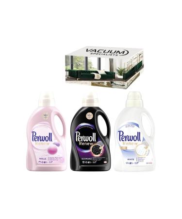 Perwoll Renew Laundry Detergent Combo Set. INCLUDES 1 X Perwoll Wool & Delicates 21 wash Loads 1 X Perwoll Renew & Repair Black 24 wash Loads 1 X Perwoll Renew & Repair White 24 wash Loads.