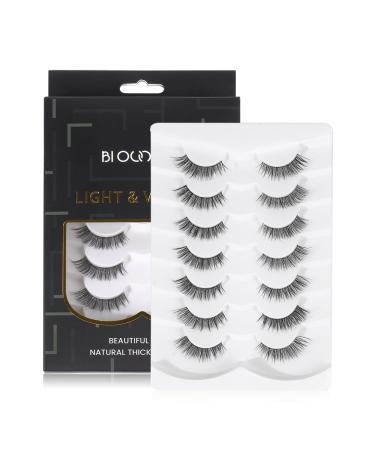 Wispy Natural Faux Mink Cat Eye False Eyelashes 3D Vegan 7 Pairs Full Strip Clear Band (BO22-2) Black