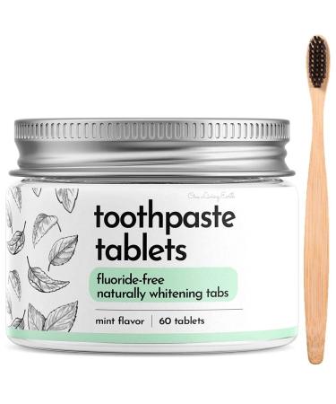 Toothpaste Tablets and Bamboo Toothbrush - Travel Teeth Whitening Tabs for Adults & Kids, Fluoride-Free, Gluten-Free, Plastic-Free, Vegan, Travel Friendly, Eco-Friendly, Spearmint (60 Tabs)