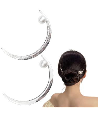 2 PACK Moon Hairpin Flower Hair Stick Moon Barrette Crescent Moon Hair Fork White Pearl Moon Hair Clip Hair Accessories for Women Girl Bridal Headwear Hair Styling