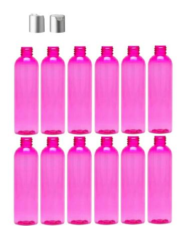 4 Ounce Cosmo Round Bottles, PET Plastic Empty Refillable BPA-Free, with Matte Silver Press Down Disc Caps (Pack of 12) (Pink)