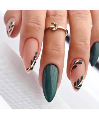 24pcs Short Almond False Nails Green Stick on Nails Leaves Design Press on Nails Removable Glue-on Nails Fake Nails Women Girls Nail Art Accessories 0220Y57