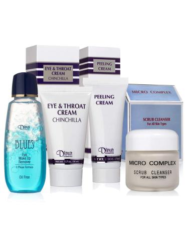 Dinur Cosmetics Essential Specialty Bundle consisting of Chinchilla Eye and Throat Cream for dryest skin Peeling Cream Micro Complex Scrub Cleanser and Blues Oil Free Eye Make-Up Remover