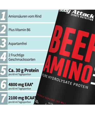 Body Attack Beef Amino Cherry 1000ml - Liquid Protein Source with 30g Protein 4800mg EAA & 2100mg BCAA - Made in Germany - Fruity & Delicious - Buy Online on GoSupps.com