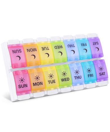 Easy Open Pill Organizer 2 Times a Day Large 7 Day Pill Box Twice a Day with Push Button Arthritis Friendly Rainbow Vitamin Organizer Weekly AM PM Pill Case Container