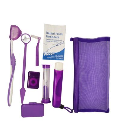 Net Bag Portable Orthodontic Care Kit Orthodontic Toothbrush Kit for Orthodontic Patient for Braces Travel Oral Care Kit Dental Travel Kit Interdental Brush Dental Wax Dental Floss (8 Pcs/Pack)-Purple