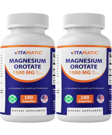 Vitamatic Magnesium Orotate Supplement 1500mg per Serving 180 Capsules Supports Muscle Nerve and Heart Health - Non-GMO Gluten Free - 2 Pack