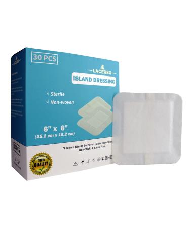 AWD Medical Adhesive Island Dressing Advanced Wound Dressing Lacerex Sterile Bordered Non-Woven Gauze Bandage Non-Stick Latex-Free 6x6 30 Pack