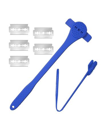 Back hair for men - flexible ergonomic back razor with silicone handle |2-in-1 multifunctional anti-slip handle care massage tools for men boys men adults blue