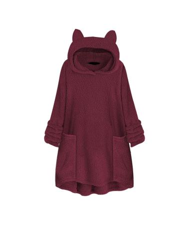 Bigfanshu Womans Tops Fleece Cat Ear Plus Size Long Sleeve Hoodie Pocket Top Sweater Blouse Wine