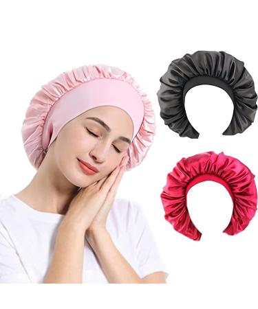 3 Pack Satin Bonnet Night Sleep Caps with Wide Elastic Band Silk Hair Wrap for Sleeping Soft Sleeping Head Cover Sleeping Hat for Women and Girls Curly Hair (Pink Black Red)