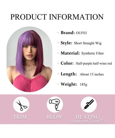 OUFEI half-purple half-wine red Bob Wig With Bangs Short Straight Wig For Women Synthetic Hair Wigs for Daily Party Cosplay Wear - Buy Online on GoSupps.com