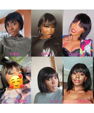 8 Inch Short Bob Human Hair Wig with Bangs for Black Women - Brazilian Virgin Straight Hair 150% Density Machine Made Bob Wig in Natural Color - Buy Online on GoSupps.com