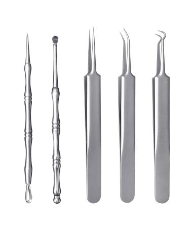 SGNEKOO Professional Facial Milia Removal Tool and Blackhead Extractor Double Ended Needle and Tweezers and Earpick 5pcs Kit Whitehead Blemish Zit and Pimple Acne Remover Popper (EWK5P)