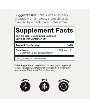 High Strength 1000mg Glutathione Capsules - 98% Highly Purified & Bioavailable - Non-GMO - 120 Count - Buy Online on GoSupps.com