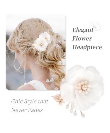 2 Pcs Flower Hair Clips - White Bridal Hair Pins with Metal Rose Gold Leaf - Elegant Hair Comb for Summer Beach Wedding and Special Occasions - Buy Online on GoSupps.com