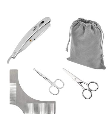 4 Pieces Beard Trimming Scissors Set Grooming Scissors for Men and Mustache Beard Comb Straight Razor Kit with Storage Bag (4pcs) Silver 4pcs