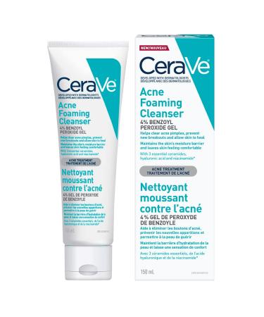 CeraVe 4% Benzoyl Peroxide ACNE Treatment Foaming Cleanser Face & Body Wash with Hyaluronic Acid and Niacinamide. Helps Clear Acne Pimples and prevent breakouts. Gentle Gel Fragrance-Free 150ML ACNE FOAMING CLEANSER 150ml