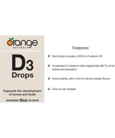 Orange Naturals - Vitamin D3 Drops - Natural Orange Flavour - MCT 1000IU 15ml - Support Bone Health Teeth Reduce Osteoporosis Maintain Muscle Enhanced Absorption & Prevent D Deficiency Cholecalciferol - Buy Online on GoSupps.com