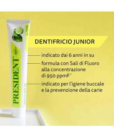  President President JUNIOR 6+ Toothpaste for children aged six and over. Lime flavor anti-cavity protects gums and tooth enamel. Paraben-free SLS-free allergen-free and PEG-free - RDA 30-50 ml - Buy Online on GoSupps.com