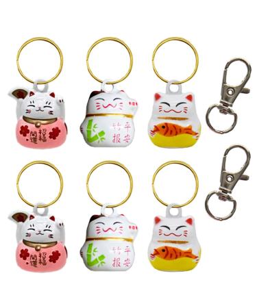 6 Pack Lucky Cat Collar Bells Loud Dog Collar Bells for Potty Training Necklace Pendant with Free Clips Key Rings White Red and Yellow