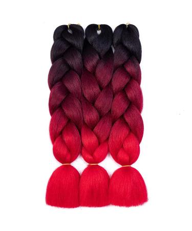 RN BEAUTY Ombre Braiding Hair Synthetic Jumbo Braids Hair Extensions 24 inch 3 Bundles Deals Heat Resistant Fiber High Temperature Fiber for Afro Twist Crochet Hair 3 Tone Color Black/Burgundy/Red Black/Burgundy/Red 3 pc...