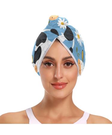 Daisy Cow Hair Towel 2 Pack Super Absorbent Hair Drying Towel Quick Dry Hair Turbans Head Towel with Button Twisty Wrap for Women Girls