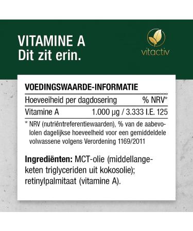 Vitactiv Natural Nutrition Vitamin A drops high dose 50 ml 1700 drops for 850 days 1000 g 3333 IU A vitamin per day highly bioavailable retinyl palmitate MCT oil from Germany laboratory tested - Buy Online on GoSupps.com