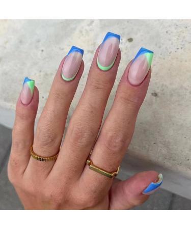 JUSTOTRY 24 Pcs Square Fake Nails Medium Blue and Green French Press on Nails Patterns Ballerina Stick on Nails for Women Acrylic False Nails Coffin with Glue for Nail Art Blue and Green French 1