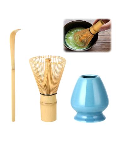 Ensemble de th matcha avec fouet en bambou - 80 dents - Fait la main - C r monie du th japonaise traditionnelle japonaise - En poudre - 3 pi ces - Facile nettoyer - Bleu