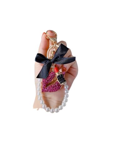 YOYUMI Keychain Carabiner Diamond Red Lip Lipstick Keyring Charm Beads Cord Charm Pink