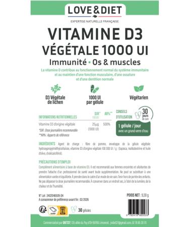 Vitamine D3 V g tale 1000UI - Immunit & Sant Osseuse - Cure de 1 Mois - 30 g lules v g tales - Made in France - Love&Diet - Buy Online on GoSupps.com