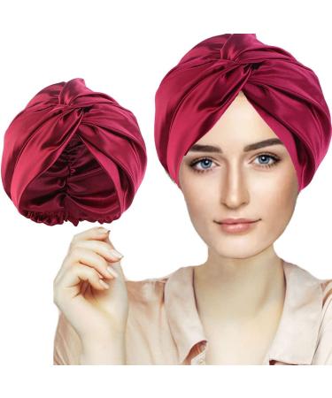 Silk Hair Bonnet Hair Wrap for Sleeping Imitation Silk Bonnet Night Sleep Cap for Women Satin Bonnet Double Layer Soft Head Scarf Match Strong Elastic Band Apply to Wash Makeup Wine Red One Size Wine Red
