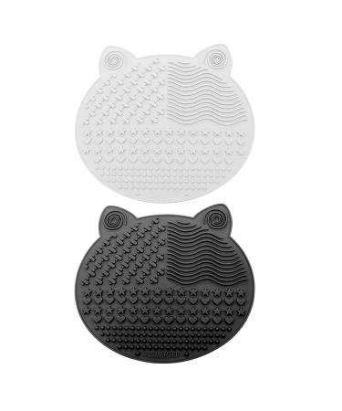 2-Pack Makeup Brush Cleaning Mat Cute Cat Animal Design Silicone Portable Brush Cleaner Pad Washing Tools with Suction Cups (Black+White)