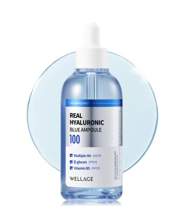 WELLAGE Real Hyaluronic Blue Ampoule 100 100ml (3.38 fl.oz.)  Fragrance Free Hyaluronic Acid Ampoule  Hydrating Non Sticky Serum for Sensitive Dry Skin  Remove Impurities  Stable Moisture Absorption