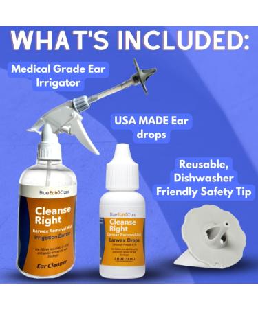 Cleanse Right Ear Wax Removal Kit - Carbamide Peroxide Drops & Irrigation Spray - USA Made Reusable Safety Tip - Easy & Safe Tool for Ear Blockage - Package May Vary - Buy Online on GoSupps.com