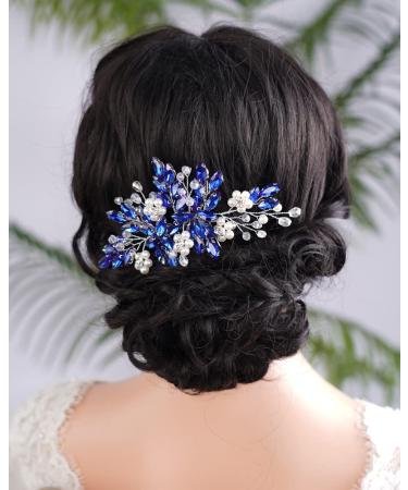 Kercisbeauty Some Blue Crystal Hair Comb for Wedding Brides Bridesmaid Women Silver Hair Piece for Special Occasion (Blue)