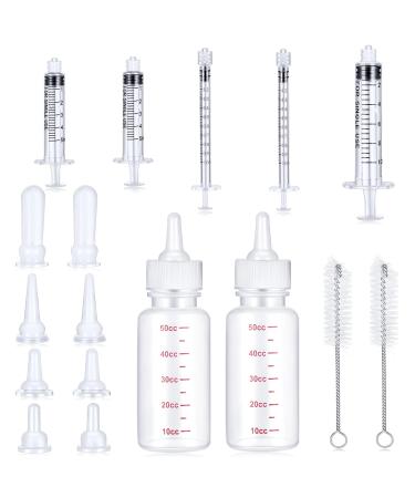 17 Pieces Pet Nursing Bottle Kit Including 2 Pet Feeding Bottle, 8 Replacement Pet Feeding Nipples, 5 Dog Nursing Syringes in 1 Ml, 5 ml and 10 Ml, 2 Cleaning Brushes for Kittens, Puppies, Rabbits