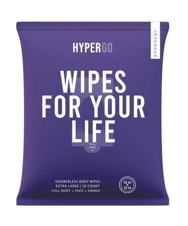 HyperGo Full-Body Rinse-Free Hypoallergenic Biodegradable Bathing Wipes All Natural Refreshing Anytime Anywhere Post Workout Camping Travel Daily Life 12 x12 X-Large (Lavender Pack of 1) Lavender 20 Count (Pack of 1)