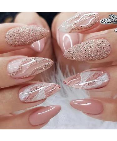 Mouyou press on nails short almond nude pink glitter wave line marble fake nails full cover artificial nails with nail glue almond nude color pink marble acrylic artificial fingernails for women ... B26