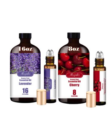Lavender & Cherry Essential Oils Set 16oz & 8oz Pure Natural Scent for Diffusers Aromatherapy Candle Making Mood Enhancement Relaxing Home & Gift Set for Bath Massage Self Care