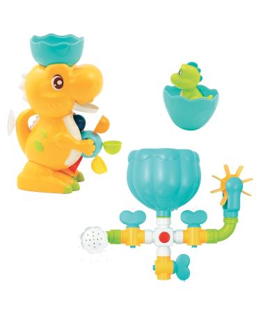 LUDI - Dino Bath Set - 1 Buildable Water Circuit 1 Large Dinosaur 1 Baby Dino Sprinkler - Suction Cup Baby Bath Toy - Modul