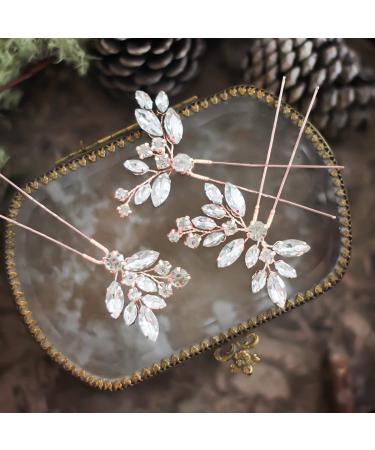 Jakawin Crystal Bride Wedding Hair Pins Silver Hair Piece Bridal Flower Hair Accessories for Women and Girls HP130 (Rose Gold)