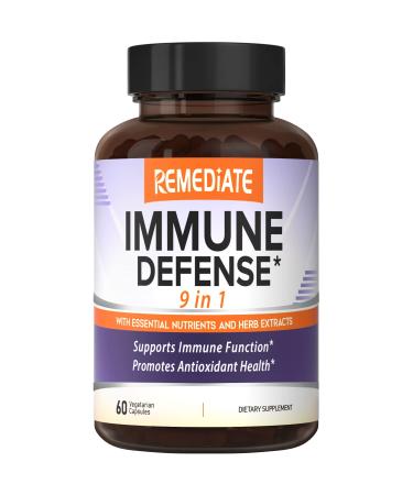 REMEDIATE Immune Defense 9-in-1 Vitamin C & D Elderberry Echinacea Zinc Selenium Garlic Ginger Black Pepper Highly Bioavailable Immune & Antioxidant Support 60 Vegetarian Capsules