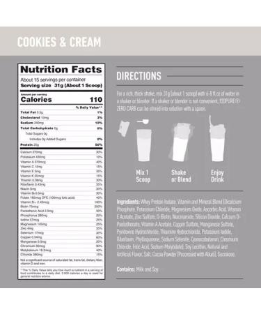 Isolate Pure Iso Pure Zero Carb Protein Powder | From 100% Whey Protein Isolate | 25g Protein 110 Calories 0g Carbs | Lactose Free Sugar Free Gluten Free Added Vitamins & Minerals | 15 Servings 1LB (Cookies & Cream) Cookies & Cream 454 g (Pack of 1) - Buy Online on GoSupps.com