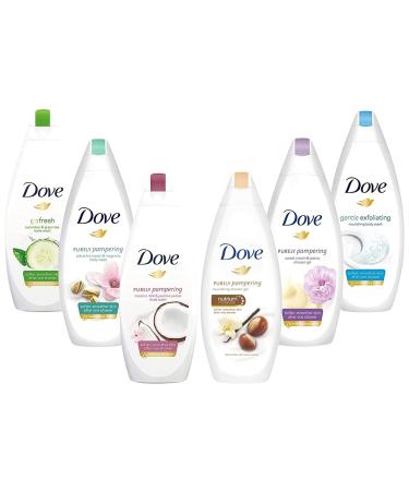 Dove Body Wash Variety Set of 6, Gentle Exfoliating, Pampering Shea, Refreshing Cucumber, Purely Pampering Coconut Jasmine, Calming Pistachio, Peony and Rose Oil, 25.3 Ounce 151.8 Ounce