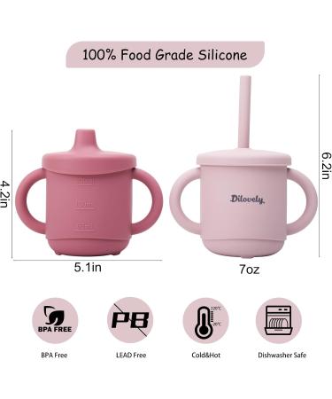 Dilovely 3-in-1 Silicone Sippy Cup for Toddler | 2 Pack, BPA Free, 7oz | Transition Straw Cup for Baby 12 Months+ | Training Sippy Cup with Handles | Dishwasher & Microwave Safe | Pink Rose Lilac - Buy Online on GoSupps.com